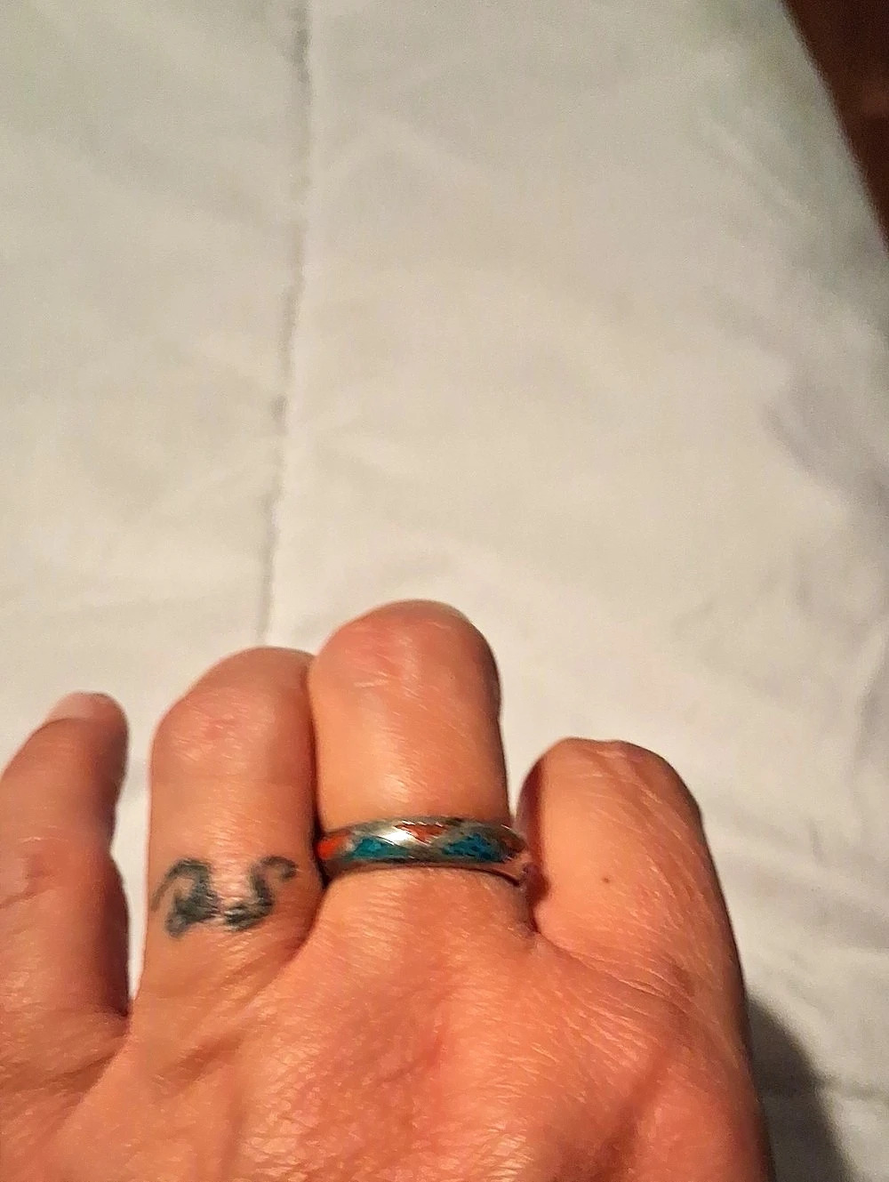 Turquoise And Coral  Inlay Ring